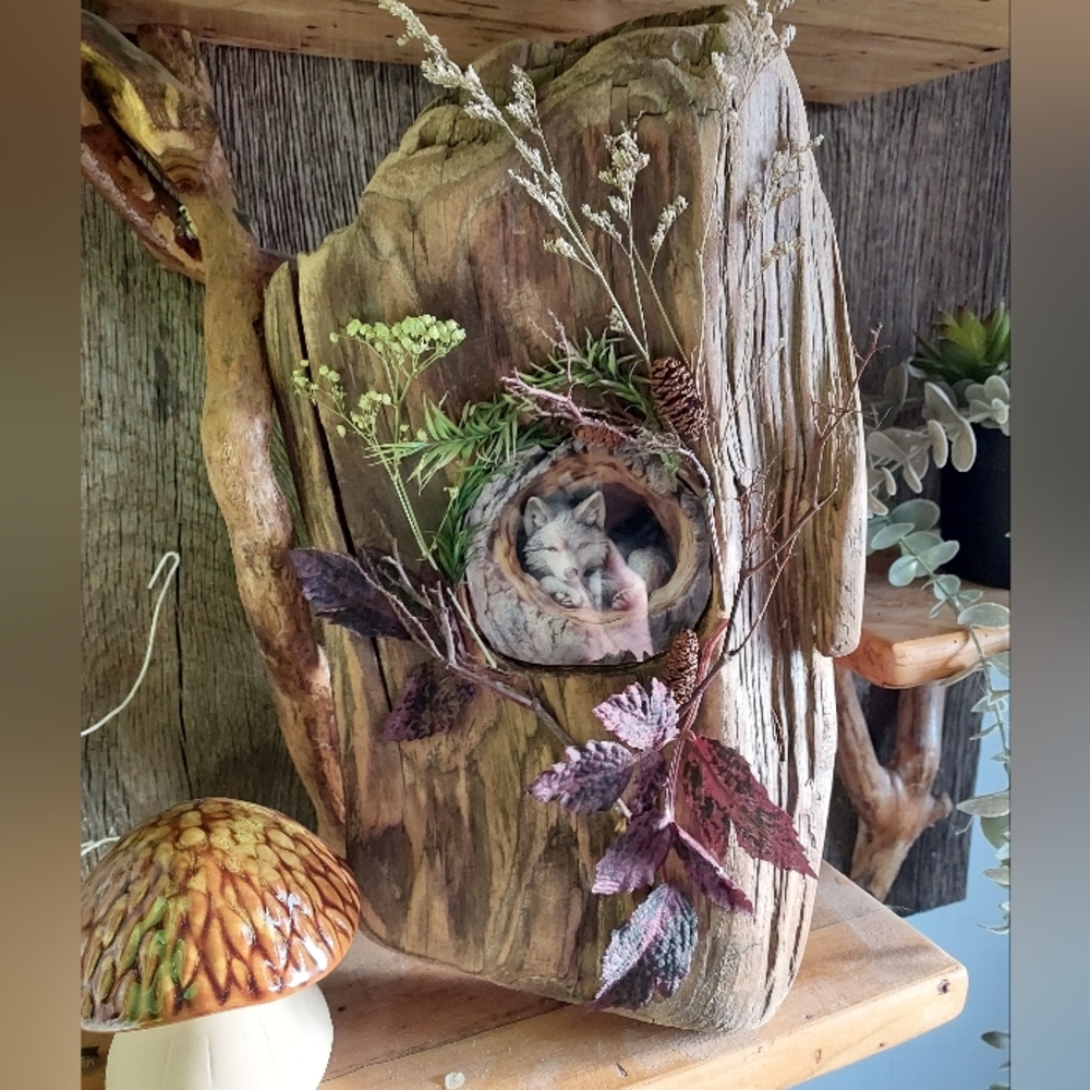 Wood Decor with Sleeping Fox in Hollow